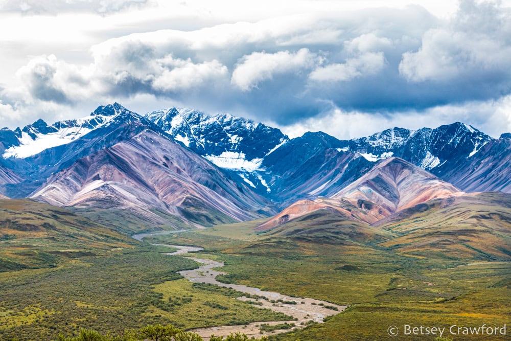 A green valley with a winding river in Denali National Park with dark blue and buff colored mountains behind. Photo by Betsey Crawford.